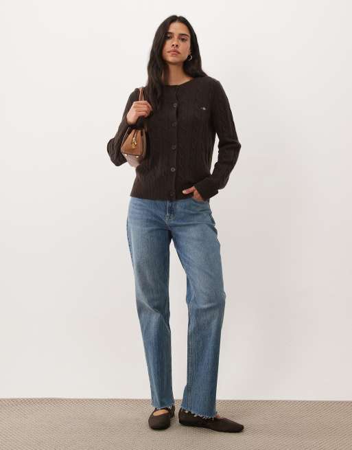 GANT kabelstrikket cardigan i brun, 3 af 4