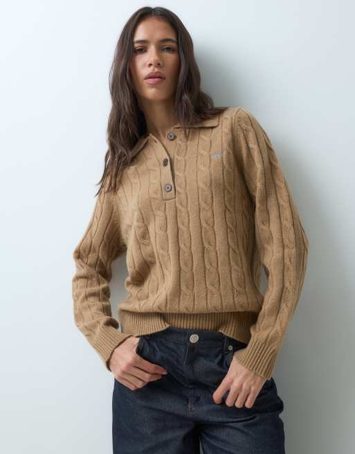 GANT kabelstrikket rugby-cardigan i varm khaki, 5 af 5