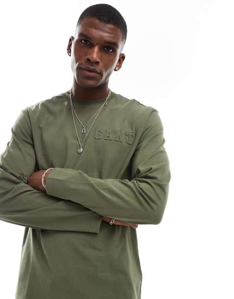 GANT – Kakifärgad, långärmad t-shirt med präglad logga ton-i-ton - view 1