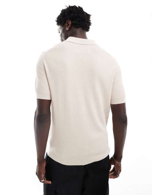 GANT - Katoenen gebreide polo met structuur en geborduurd schildlogo in beige, 3 van 4