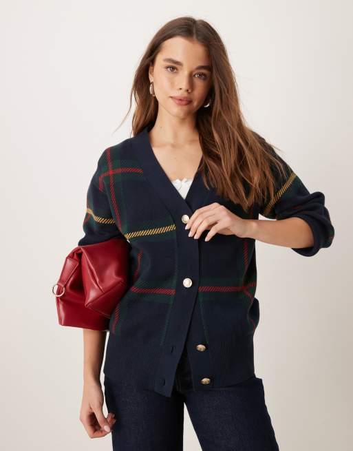 GANT knitted cardigan with gold buttons in navy tartan