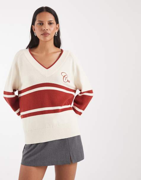 Gant – Kremowo-czerwony bawełniany sweter oversize z dekoltem V - view 1