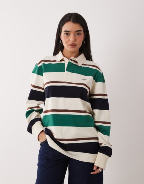 GANT – Kremowo-granatowy top w stylu rugby, z logo, w kontrastowe paski - view 1