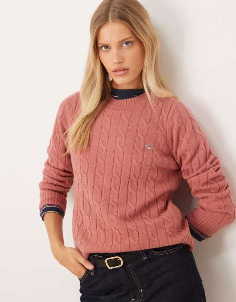GANT lambswool cable knit jumper in light red - view 1
