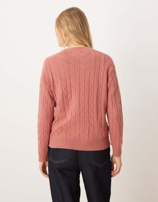GANT lambswool cable knit jumper in light red, 2 of 4