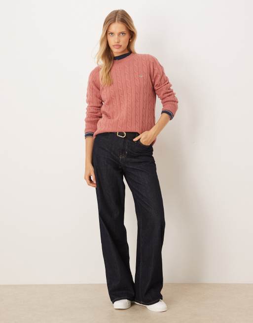 GANT lambswool cable knit jumper in light red, 3 of 4