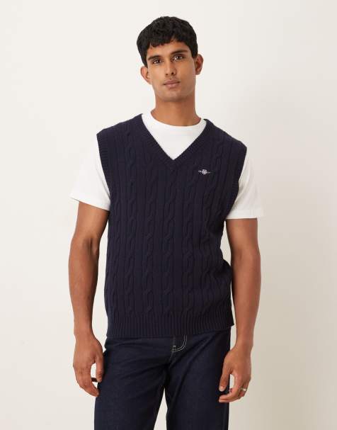GANT lambswool cable knit vest in navy - view 1