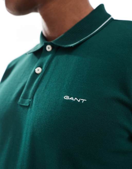 GANT – Langärmeliges Regular Fit Polohemd in Dunkelgrün mit Logo und Zierstreifen, 3 von 4