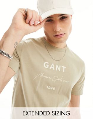 GANT large script logo print t-shirt in tan