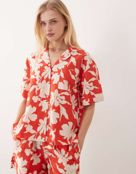 GANT linen look floral print boxy fit shirt in red - view 1