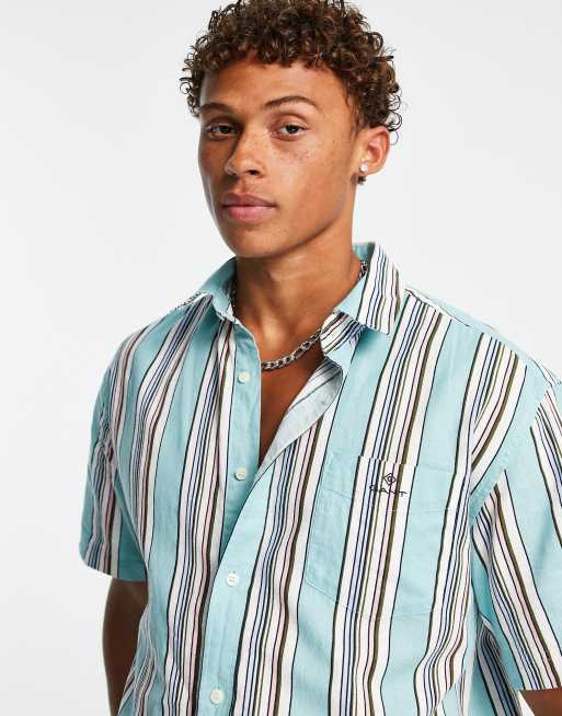 GANT linen mix stripe regular fit short sleeve shirt in green