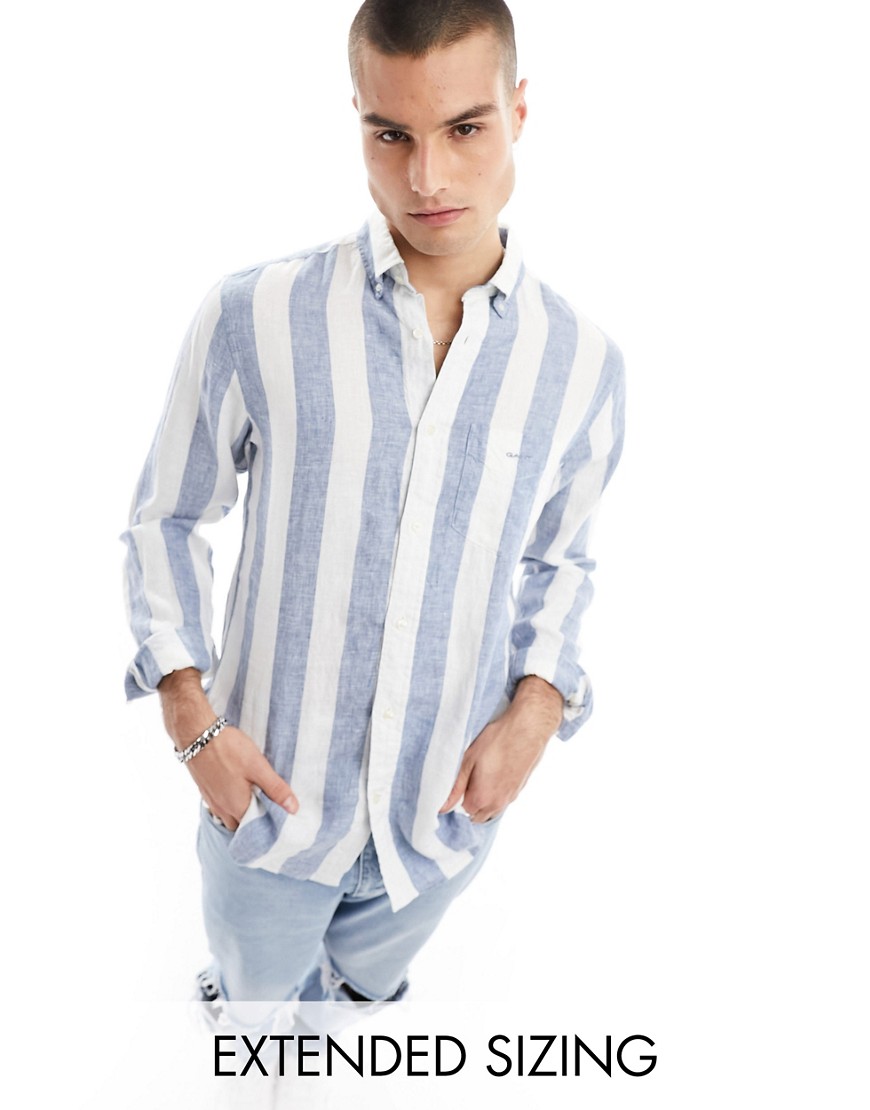 GANT logo bold stripe linen shirt in white/blue