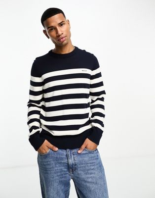 GANT logo breton stripe cotton knit jumper in navy - ASOS Price Checker