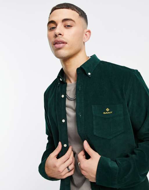 GANT logo button-down regular fit cord shirt in tartan green
