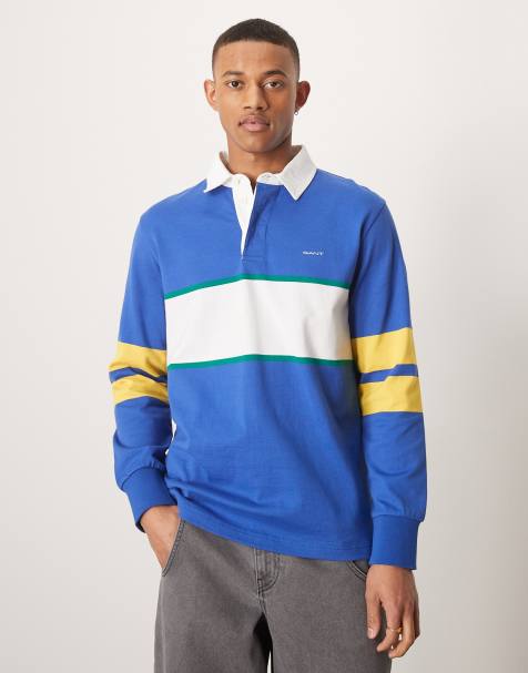 GANT logo chest stripe heavyweight rugby polo in mid blue - view 1