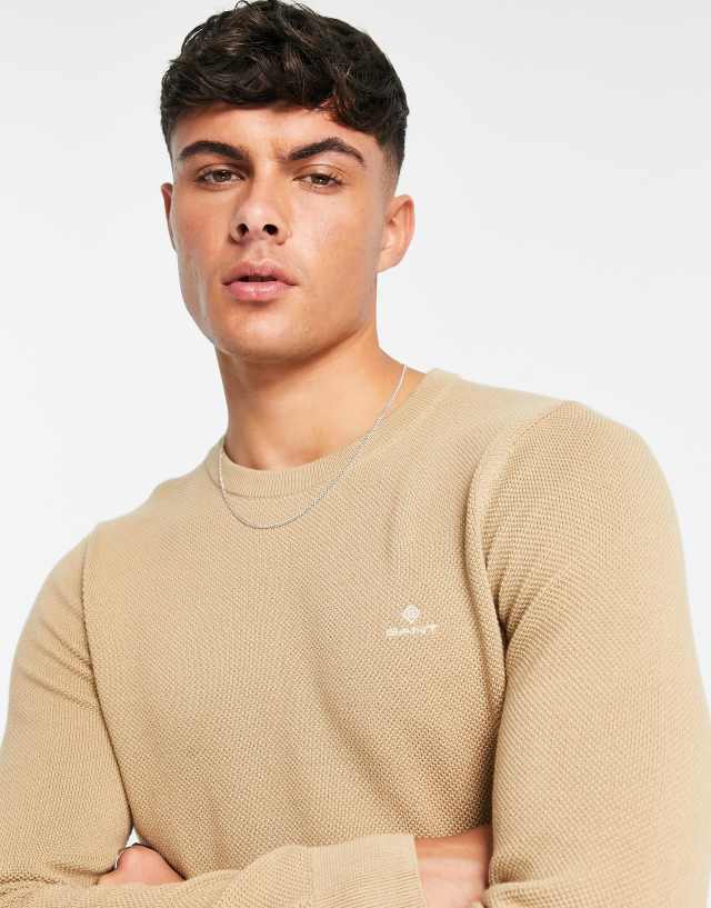 GANT logo cotton pique knit sweater in tan