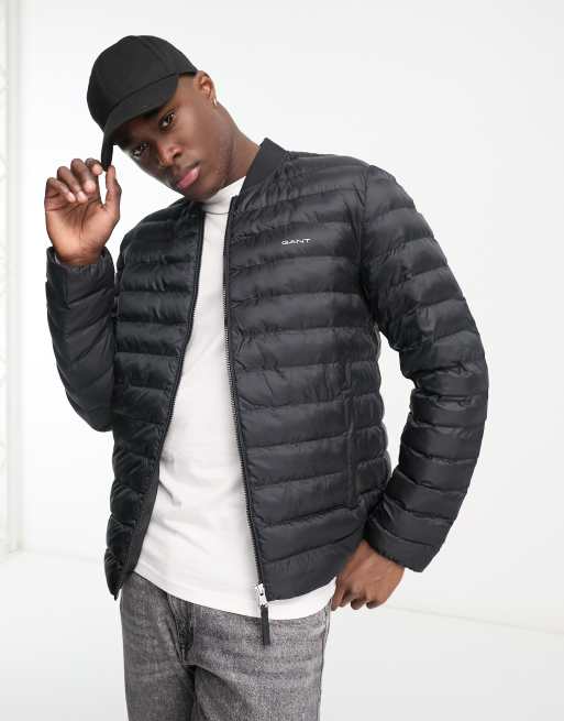 GANT logo lightweight puffer bomber jacket in black | ASOS