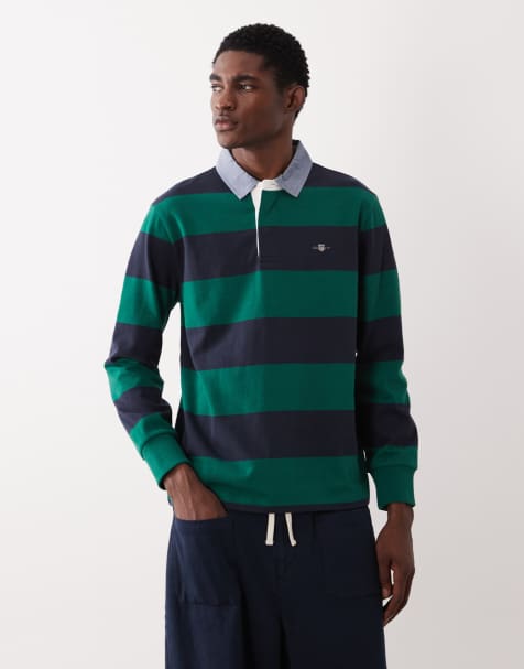 Gant Logo rugby top in green and navy stripe - view 1
