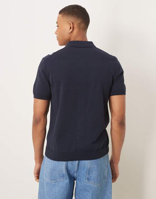 GANT logo short sleeve colorblocked button through cotton knit polo in navy, 3 of 4