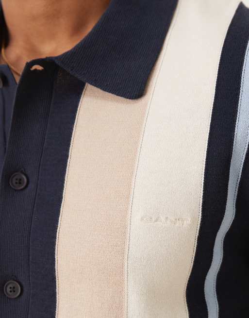 GANT logo short sleeve colorblocked button through cotton knit polo in navy, 4 of 4