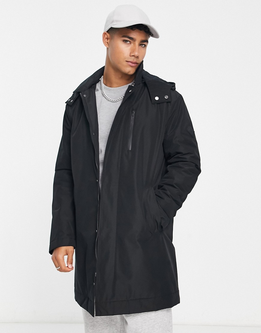 long hooded padded coat in black