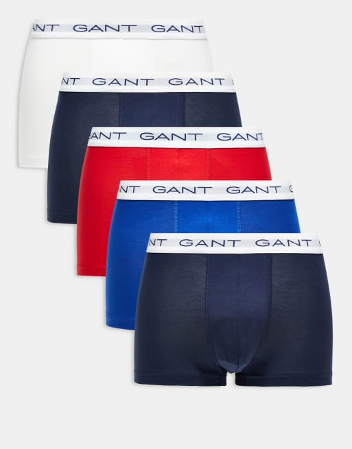 GANT - Lot de 5 boxers avec taille à logo - Bleu marine, bleu, rouge et blanc