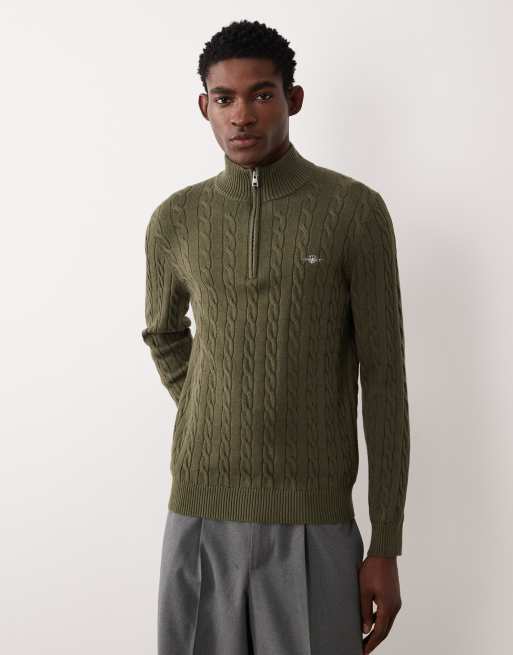 GANT maglione a trecce in cotone con zip corta color khaki, 1 di 5