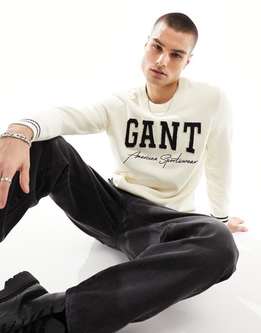 GANT - Maglione color crema in cotone vestibilità comoda con logo stile college