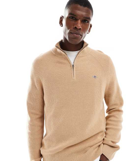 GANT Maglione color cuoio in misto cotone e lana con zip corta e logo ASOS