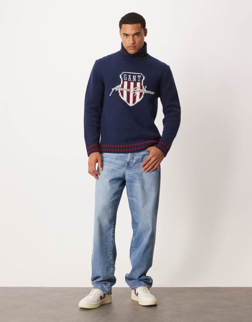 GANT - Maglione dolcevita in misto lana blu navy con logo ricamato, 2 di 5
