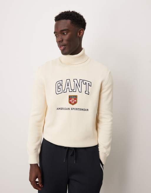 GANT - Maglione dolcevita lavorato color crema con logo stile college