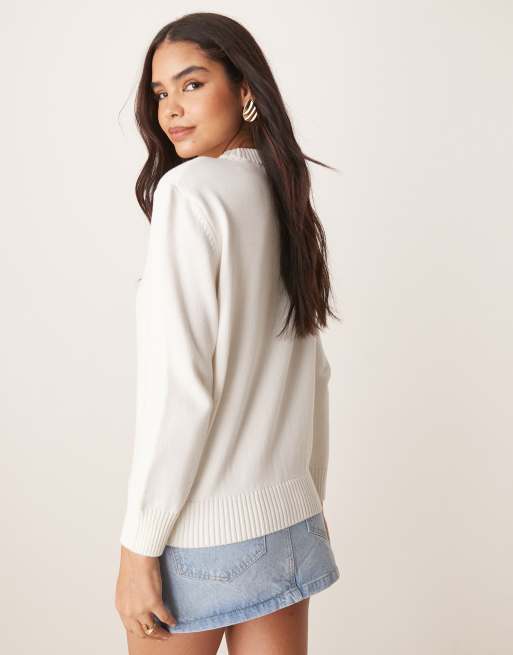 GANT - Maglione girocollo bianco sporco con logo ricamato al centro, 3 di 4