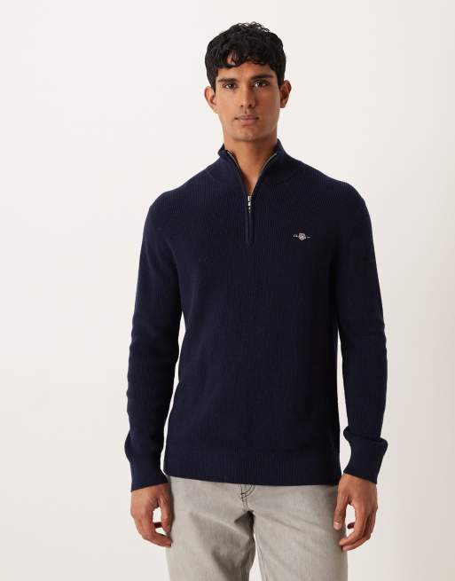 GANT - Maglione in lana merino e cotone color blu navy a coste con zip corta