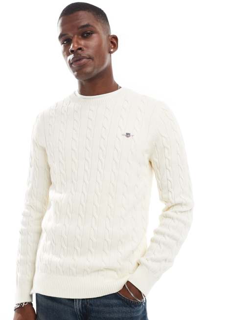 GANT - Maglione lavorato a trecce in cotone color crema con logo