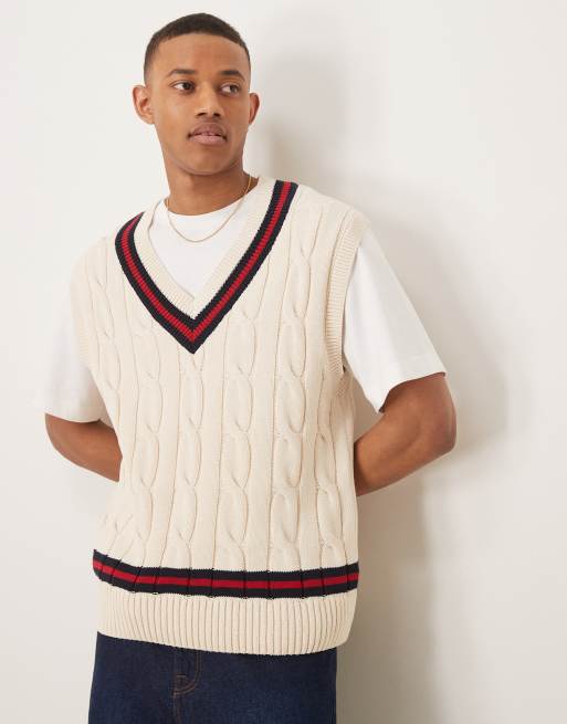 GANT - Maglione senza maniche stile cricket lavorato a trecce color crema