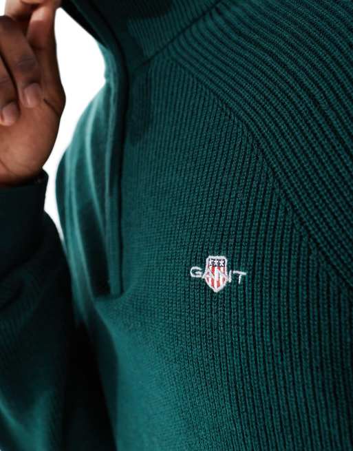 GANT - Maglione verde scuro in misto cotone e lana con zip corta e logo, 2 di 4