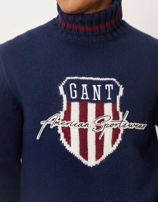 GANT – Marinblå, stickad tröja med polokrage och broderad logga i ylletyg, 5 av 5