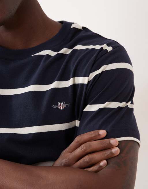 GANT - Marineblå stribet T-shirt med våbenskjoldslogo, 3 af 5