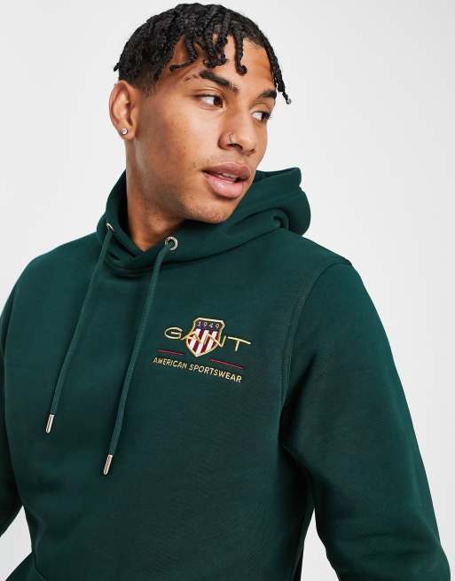 GANT medium archive shield logo hoodie in tartan green ASOS