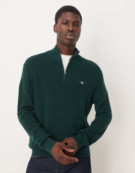 GANT merino cotton ribbed half zip knit jumper in dark green