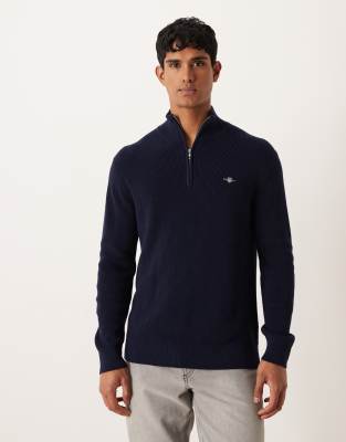 Gant GANT merino cotton ribbed half zip knit jumper in navy