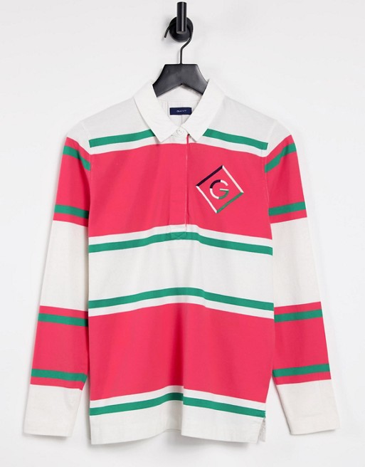 GANT mixed stripe long sleeve rugby t-shirt in cream and red