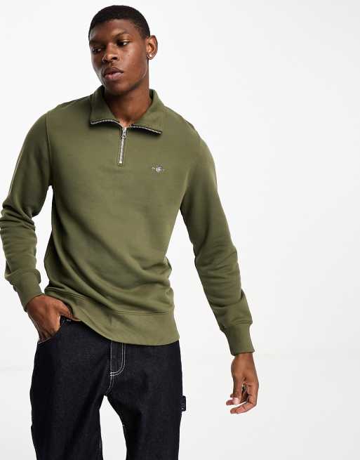 GANT – Mörkgrön sweatshirt med sköldlogga och dragkedja vid halsen, 3 av 4