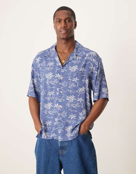GANT logo island print revere collar short sleeve shirt in mid blue