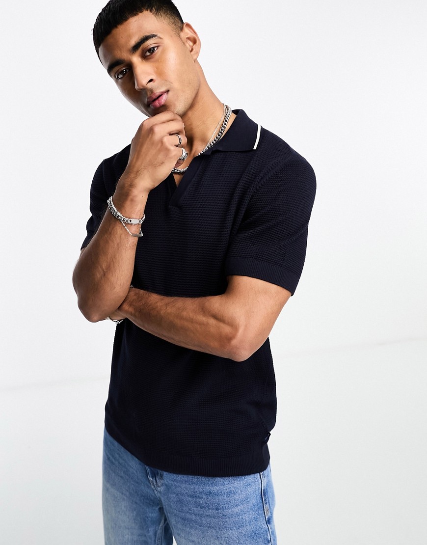 GANT open neck cotton texture knit polo in evening blue-Navy