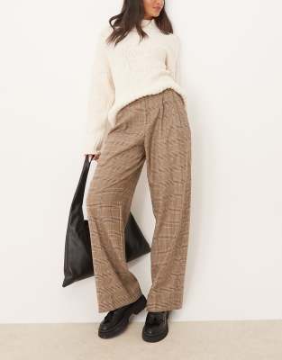 Pantalon à pinces en laine mélangée à carreaux - Marron foncé 34