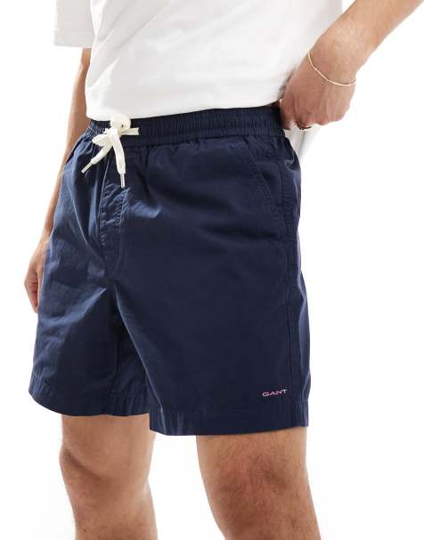 GANT - Pantaloncini in cotone color blu navy con coulisse e logo a stemma ricamato - view 1