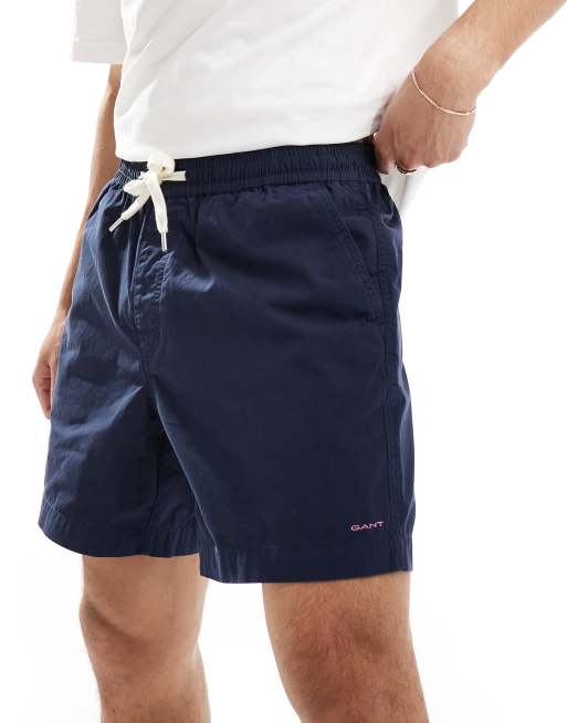 GANT - Pantaloncini in cotone color blu navy con coulisse e logo a stemma ricamato