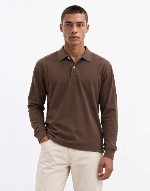 GANT pima long sleeve polo in brown, 6 of 8
