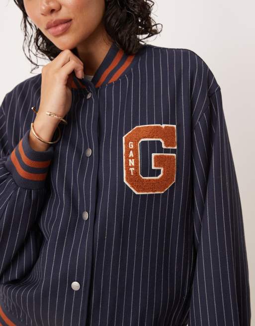 GANT pinstripe varsity bomber jacket in navy, 2 of 4